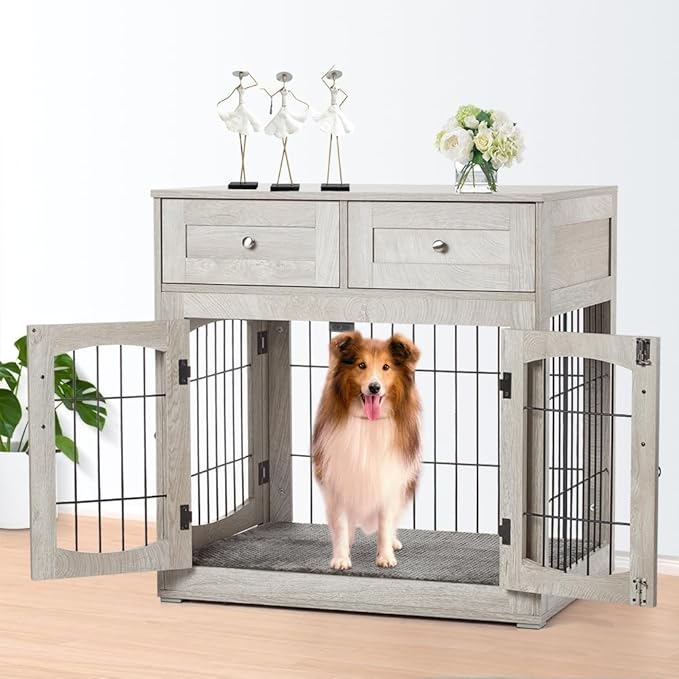 Dog Crate Furniture with 3 Doors,39.4" Large Dog Crate with 2 Drawer & Cushion,Wooden Dog House Kennel for Medium/Large Dog (39.4" L×23.6" W×40" H)