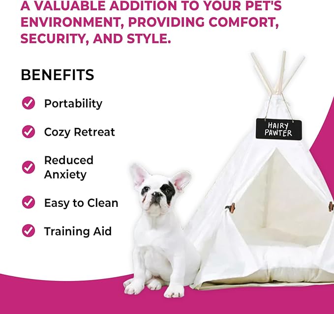 Cat Tent, Portable Dog Tent for Small Pets, Stylish Teepee Design, Cozy Hideaway Reduces Pet Stress, Easy Clean Canvas, Foldable Pet Bed - White, Portable