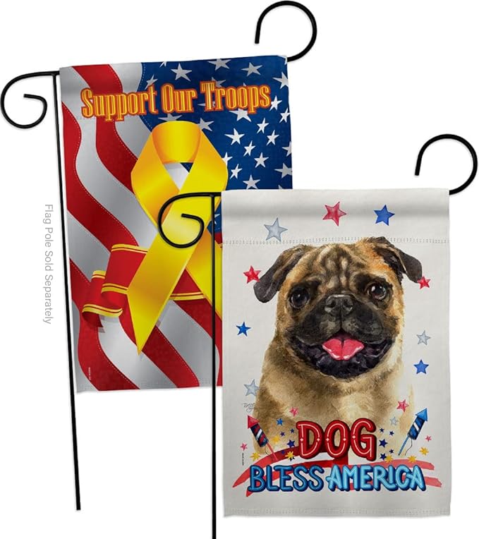 Breeze Decor Patriotic Pug Garden Flag Pack Dog Puppy Spoiled Paw Canine Fur Pet Nature Farm Animal Creature Support Our Troops House Banner Small Yard Gift Double-Sided, Made in USA