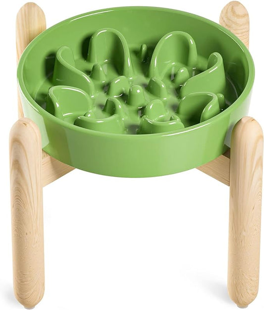LE TAUCI Ceramic Slow Feeder Dog Bowls Elevated for Small and Medium Breed, Dog Bowls with Wooden Stand, 1.5 Cups Pet Dishes to Slow Down Eating, Anti-Gulping Pet Feeding Dishes, Clover Green
