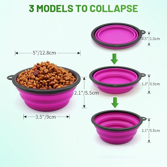Dog Bowl Pet Collapsible Bowls, 2 Pack Collapsible Dog Water Bowls for Cats Dogs, Portable Pet Feeding Watering Dish for Walking Parking Traveling with 2 Carabiners (Small, Pink+Purple)