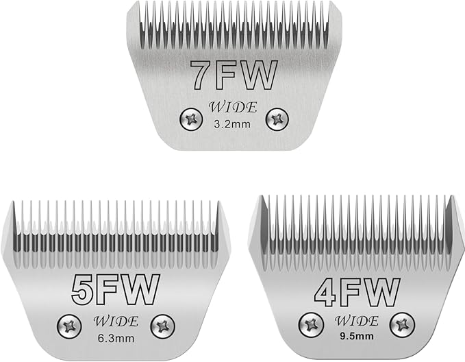 7FW+5FW+4FW Wide Blades for Dog Grooming, Compatible with Ainds, Oster A5, Wahl Km10 and Other Series Clippers, Cut Length 1/8"(3.2mm) to 3/8" (9.5mm), Fit for Larger Animals