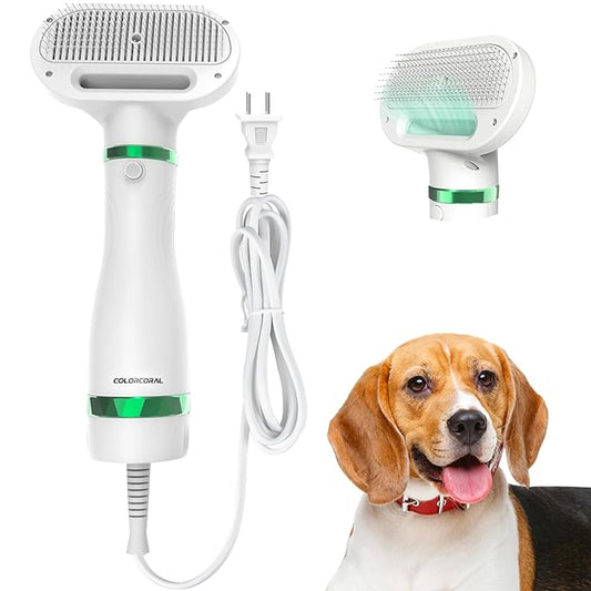 COLORCORAL Pet Hair Dryer Brush, White, Safe for All Hair Types, Flexible Stainless Steel Bristles, 3 Temperature Settings, 300W, Unisex Hair Brush for Small & Medium Dogs & Cats
