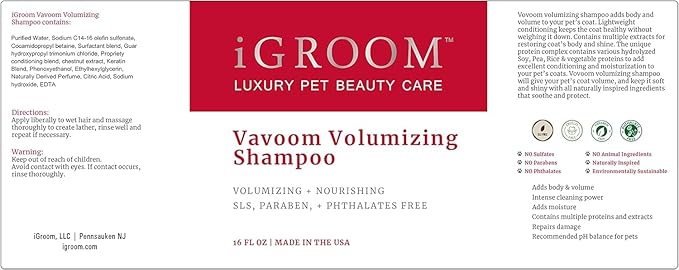 iGroom Vavoom Volumizing Dog Shampoo, Luxury Pet Beauty Care, Add Body and Volume, Lightweight, Made in USA, 16 oz