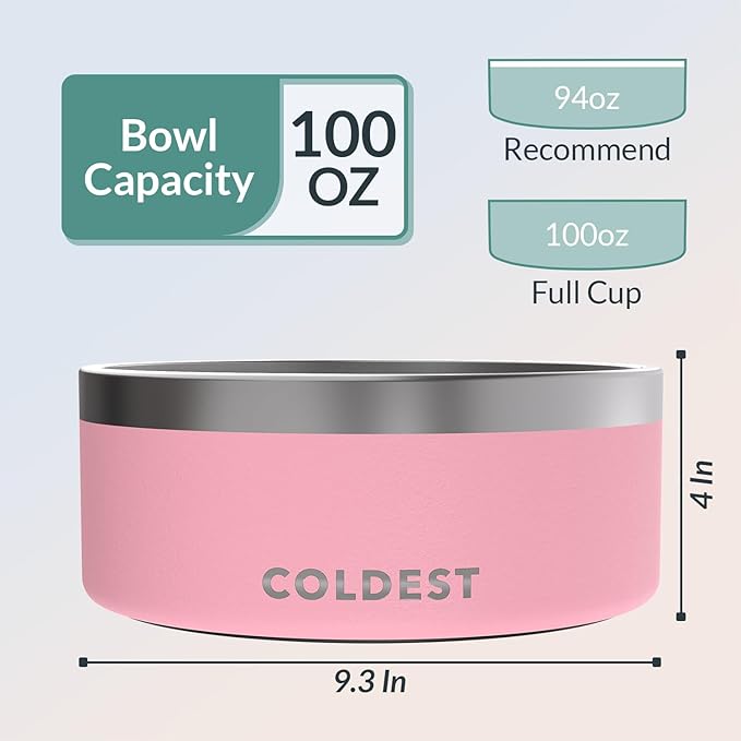 Coldest Dog Bowl - Anti Rust Metal, Non Slip, 3 Layers Insulated Stainless Steel Dog Bowls - Spill Proof & Heavy Duty - Water Bowl for Dogs, Cats & Pets, Dish Washer Safe (100 oz, Cotton Candy Pink)