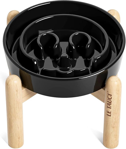 LE TAUCI Ceramic Slow Feeder Dog Bowls Elevated, 0.6 Cups Raised Dog Bowl with Wooden Stand for Small Breed, Dog Dishes to Slow Down Eating, Puzzle Dog Food Bowl, Skull Black