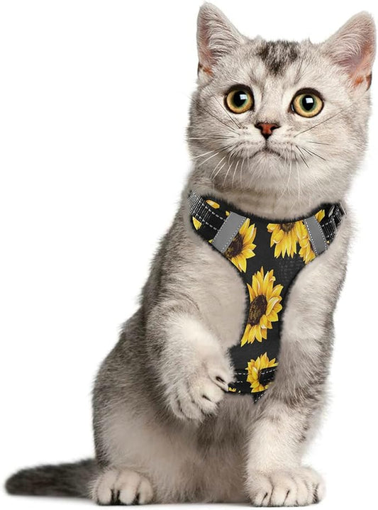 Beautiful Sunflower Flowers Floral Black Dog/Cat Harness,Adjustable Soft Padded Pet Vest Harness-Reflective No-Choke Pet Harness Easy Control Front Clip for Dog/Cats