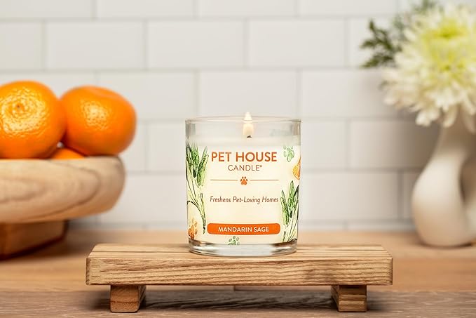 One Fur All 100% Natural Soy Wax Candle, 20 Fragrances - Pet Odor Eliminator, Appx 60 Hrs Burn Time, Non-toxic, Reusable Glass Jar Scented Candles – Pet House Candle, Mandarin Sage