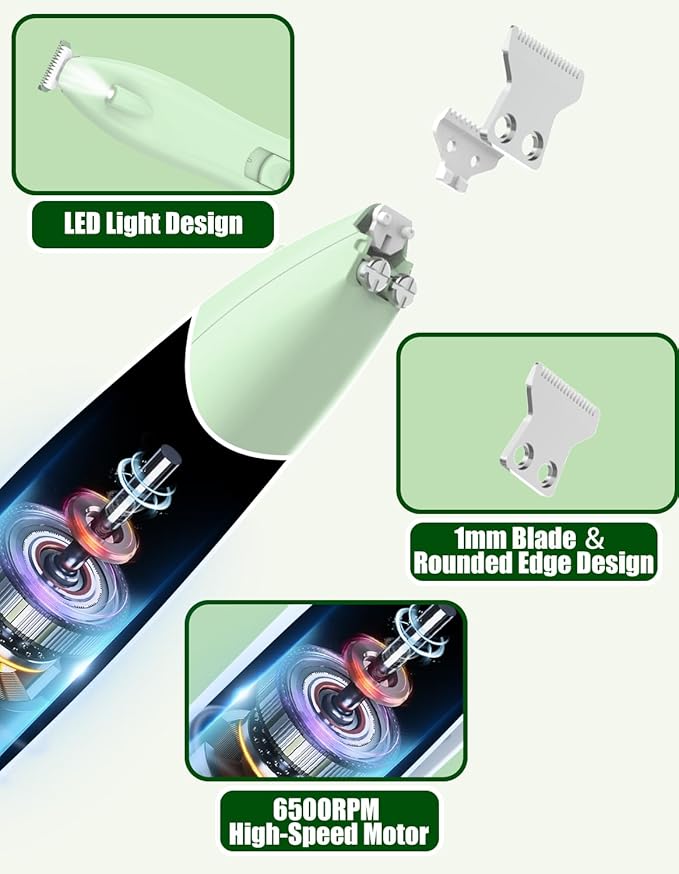 KIKETECH Cordless Dog Paw Trimmer - Low Noise LED Dog Clippers with Ceramic Blade, 2 Speed Rechargeable Small Pet Shaver for Grooming Dogs Cats Hair Around Paws, Eyes, Ears, Face, Rump, MintGreen
