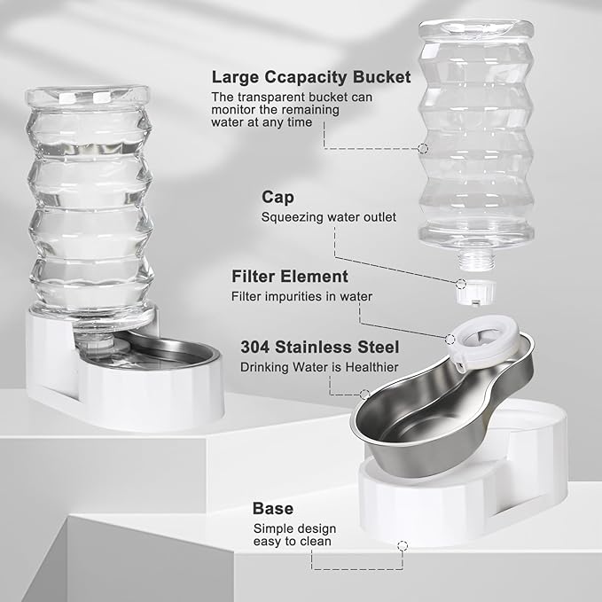 RIZZARI Upgraded 8L Automatic Gravity Dog Water Bowl Dispenser, 100% BPA-Free, Stainless Steel Cat Water Dispenser, Large Capacity Water Dispenser with Two Caps and Filters (Pure White,8L)