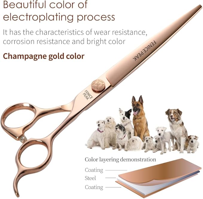 Fenice Peak Champagne Gold Dog Grooming Scissors Set - Curved & Straight Thinning & Chunker Shears, Rose Gold 4PCS Grooming Scissors Kit for Dogs & Cats