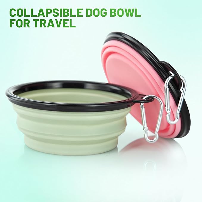 Dog Bowl Pet Collapsible Bowls, 2 Pack Collapsible Dog Water Bowls for Cats Dogs, Portable Pet Feeding Watering Dish for Walking Parking Traveling with 2 Carabiners (Small, Fairy Pink+Sprout Green)