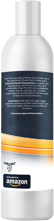 Jungle Pet Deodorizing Dog Shampoo for Smelly Dogs - Grooming & Cleansing Pet Shampoo for Dogs with Hypoallergenic Essential Fatty Acids - Soap, Sulfate & Paraben Free - Sweet Pea Vanilla Scent, 12 oz