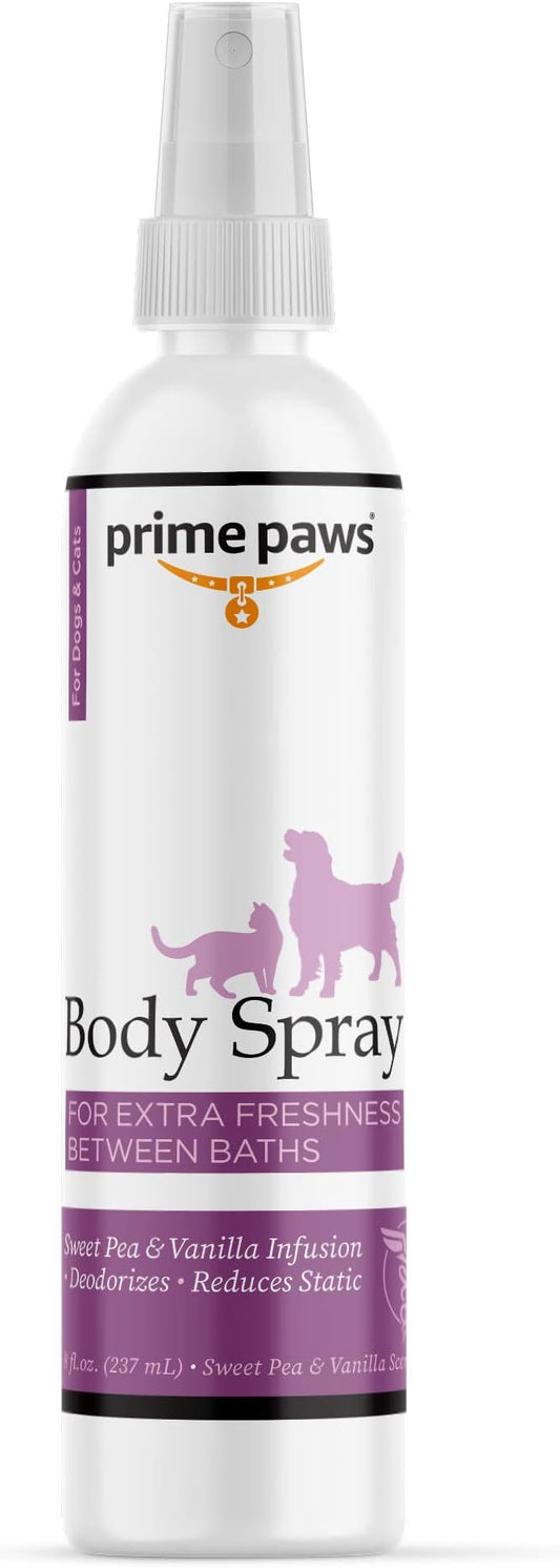 Body Spray for Dogs and Cats - Long Lasting Cat Cologne & Odor Eliminator - Dog Spray Deodorizer Perfume for Grooming & Reducing Static - Sweet Pea & Vanilla Scent - 8 oz, White (PRIM1048)