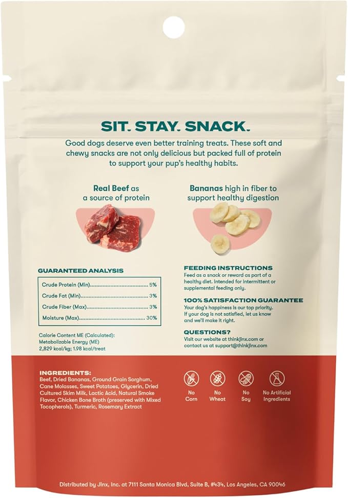 Jinx Beef & Banana Training Treats for Dogs and Puppies, Low-Calorie, All Natural, Slow-Smoked Real Beef, No Fillers 4oz, 6 Pack