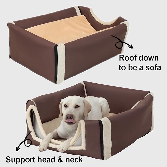 ANPPEX Large Igloo Dog House Indoor,2XL Size Dog Cave for Large and Medium Dogs,2-in-1 Washable Covered Dog Bed,Brown