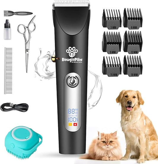 Grooming Kit for Dogs at Home - Rechargeable Low Noise Cat & Dog Clippers for Grooming Thick Hair - Cordless Grooming Clippers Includes Pet Hair Clippers, Nail Trimmer, Shears & Bath Brush