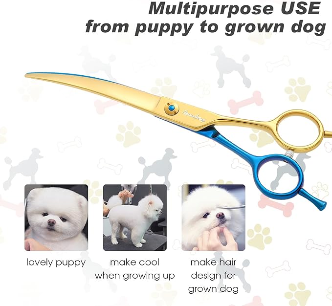 Dog Cat Scissors for Grooming, Pet Shears for Thick Coats and Matted Hair, Thinner Curved Straight Chunker Stainless Steel Shears
