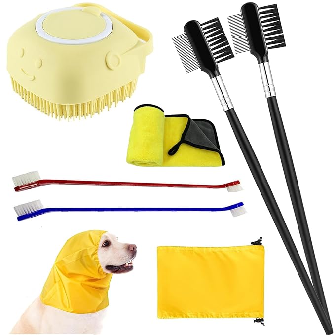 Dog Bath Brush 7-in-1 Set,Double Head Dog Eye Comb Tear Stain Remover, Double Head Dog Toothbrush, Dog Grooming Bath Brush with Shampoo Dispenser,Dog Bath Cap for Ear Protection and Dog Drying Towel