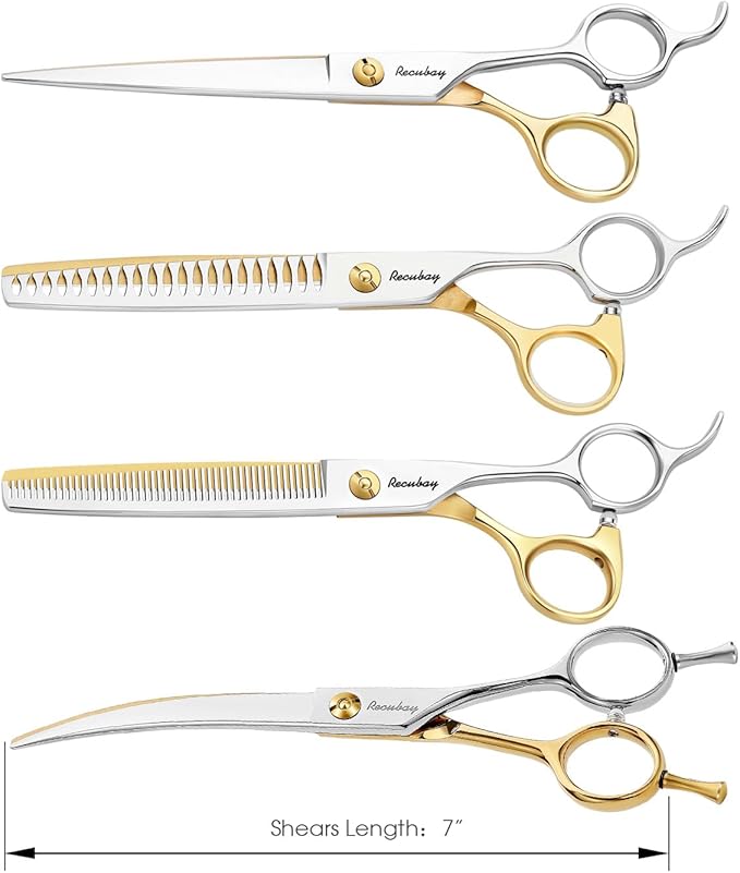 Dog Cat Scissors for Grooming, Pet Shears for Thick Coats and Matted Hair, Thinner Curved Straight Chunker Stainless Steel Shears Gold
