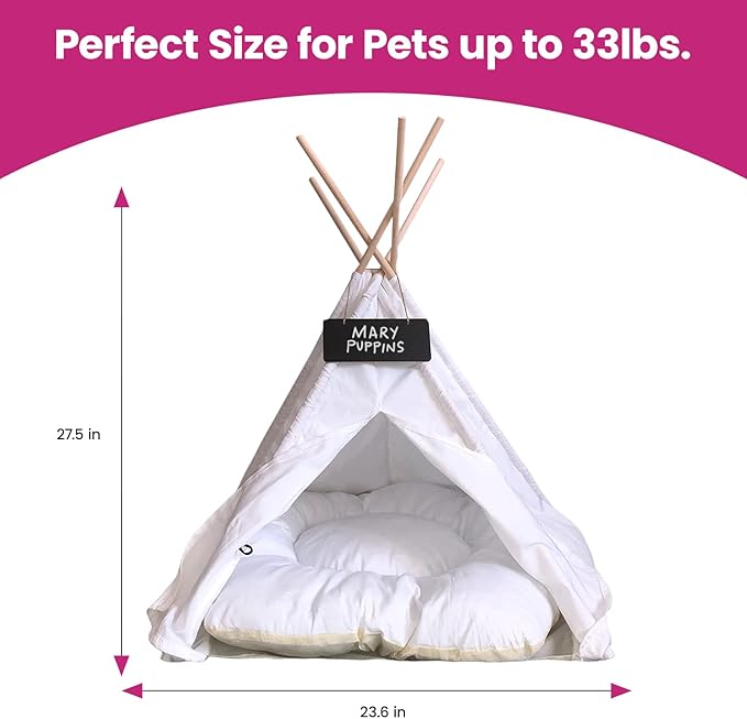 Cat Tent, Portable Dog Tent for Small Pets, Stylish Teepee Design, Cozy Hideaway Reduces Pet Stress, Easy Clean Canvas, Foldable Pet Bed - White, Portable