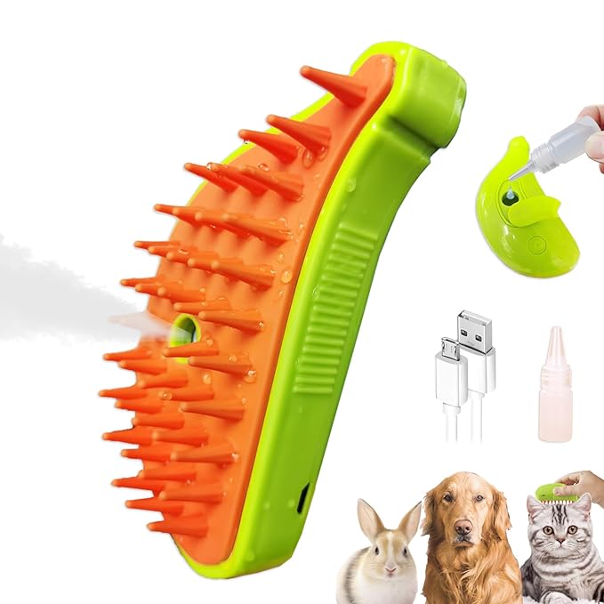 Cat Steam Brush with Water Steamy Pet Brush Spray Misty Cat Brush for Deshedding with Charging Cable Silicone ALD-001-G (Banana Green)