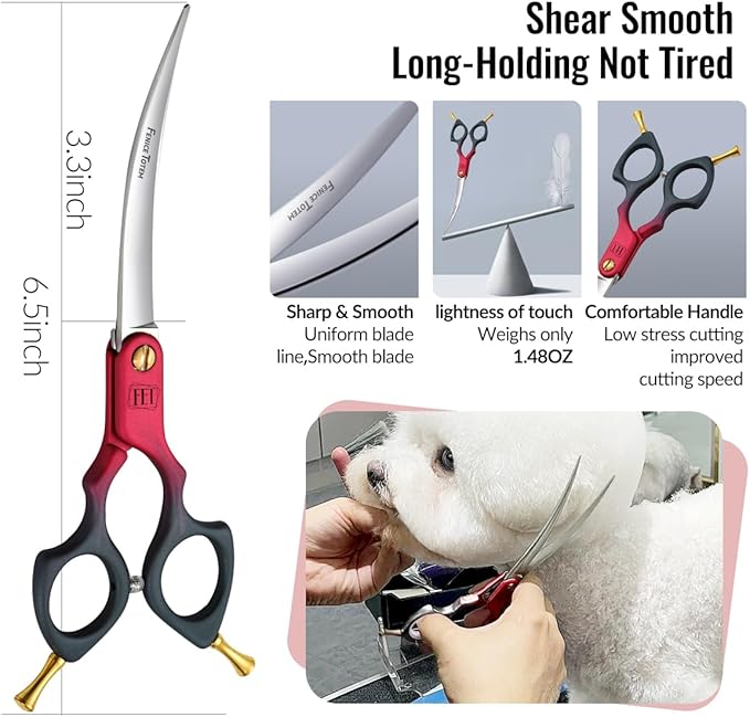 Fenice Dog Grooming Curved Scissors: 6.5" Pet Self-sharpening Split Finishing Shears for Dogs' Faces and Eyes Lightweight Ideal for Tight Spaces and Detailed Grooming Japan VG10 Alloy Steel 63HRC
