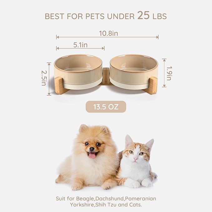 SPUNKYJUNKY Ceramic Dog and Cat Bowl Set with Wooden Stand, Modern Cute Weighted Food Water Bowl Set for Small Size Dogs (1.7 Cups, 2 × Pattern Brown)