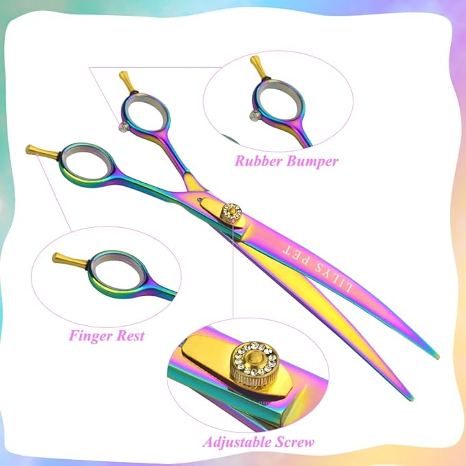 LILYS PET HIGH-END SERIES Japan 440C Stainless Steel Professional Pet Grooming Scissors Set,Rainbow Color,Cutting&Thinning&Two-way Curved shears Set (8.0")