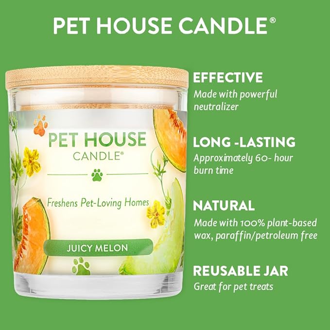 Pet House 9 oz Juicy Melon Scented Pet Odor Candle, Clean Burning, Long Lasting, Plant Based Spring, Summer Scented Soy Candle, 60 Hour Burn Time