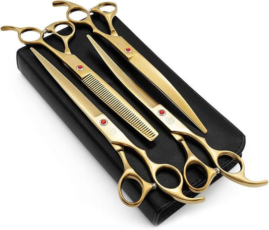 Moontay Professional 8.0" Dog Grooming Scissors Set, 4-pieces Straight, Upward Curved, Downward Curved, Thinning/Blending Shears for Dog, Cat and Pets, JP Stainless Steel, Gold