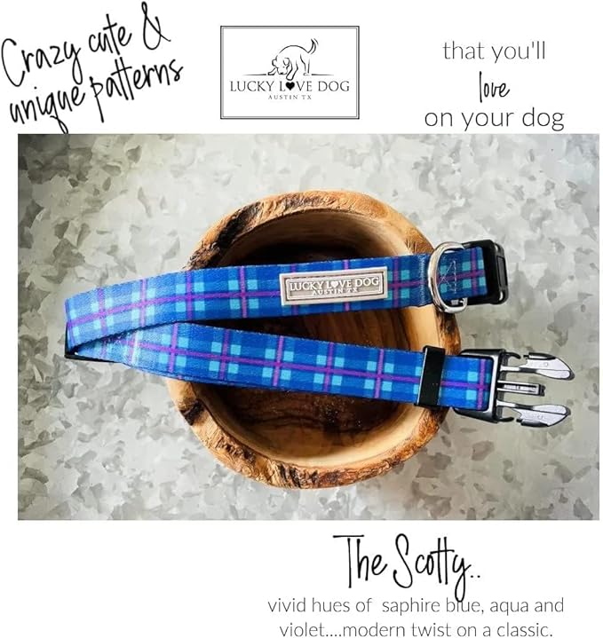 Lucky Love Dog, Blue and Violet Plaid Martingale Dog Collar and Leash Set, Premium No Slip Dog Collar and Leash Set, Martingale Collar for Male Female Dogs - (Medium, Scotty Mart - Combo)