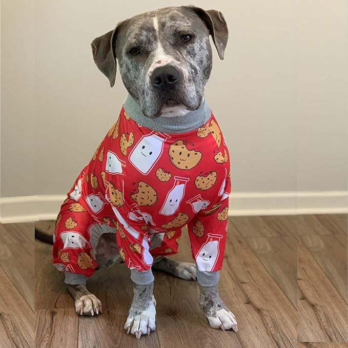 Tooth & Honey Pitbull Dog Pajamas – Red Milk & Cookie Print Onesie for Medium Dogs – Lightweight Full Coverage Dog Clothes for Shedding, Recovery & Warmth – Pullover Pajamas (Medium)