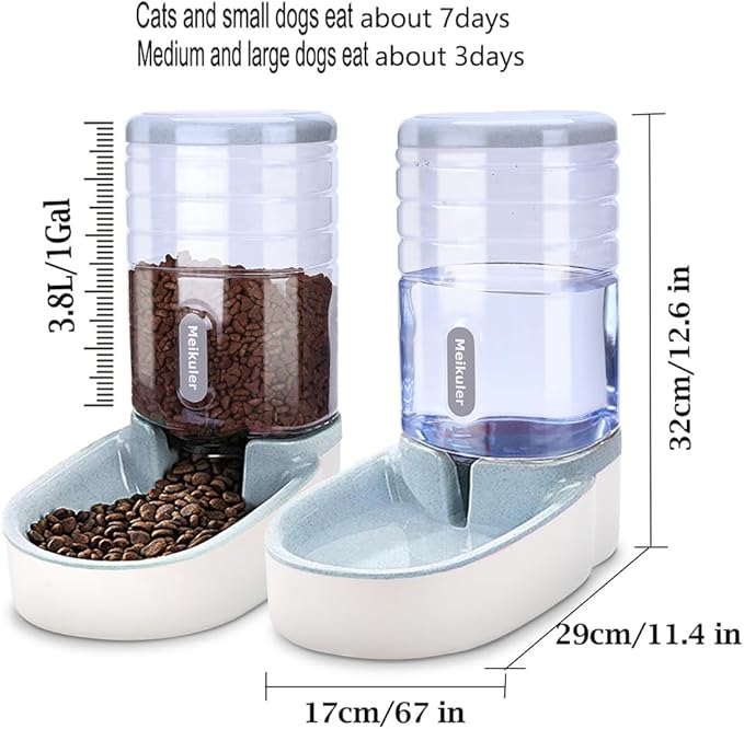 Meikuler Automatic Dog Cat Feeder and Water Dispenser Set,Waterer and Gravity Food Feeder for Small & Medium Dogs Cats Puppies,Large Capacity 1 Gallon x 2 (Grey)