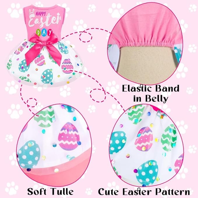 Cute Happy Easter Day Dog Dress Bunny Eggs Easter Dog Cat Clothes Pink Tulle Pet Doggie Apparel Outfit with Bowknot for Small Dogs Puppy Cat Girl Costume