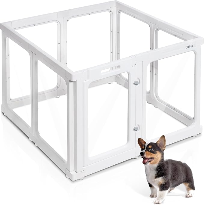 Clear Dog Playpen Indoor, 24" Acrylic Plastic Pet Play Pen with Door, Playpen for Puppy Cat Rabbit Ferret, Easy to Install Preferable Playpen for Small Dogs, Customizable, White 8 PCS