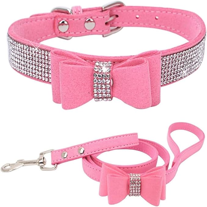 Rhinestone Bowtie Small Dog Collar and Leash Set, Diamond Puppy Collars Bow Crystal Bling Jeweled Glitter Girl Female Adjustable for XXSmall X-Small Small Medium Large Dogs (Pink-1,XLarge)