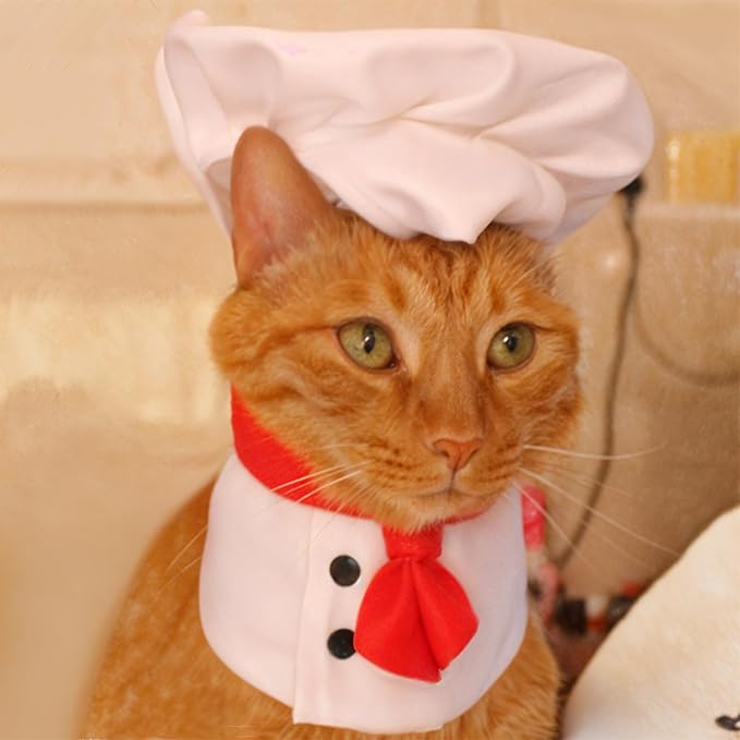 Pet Chef Hat - White Pet Hat Chef Appearance Clothing, Adjustable Cooking Cap and Cloak Set