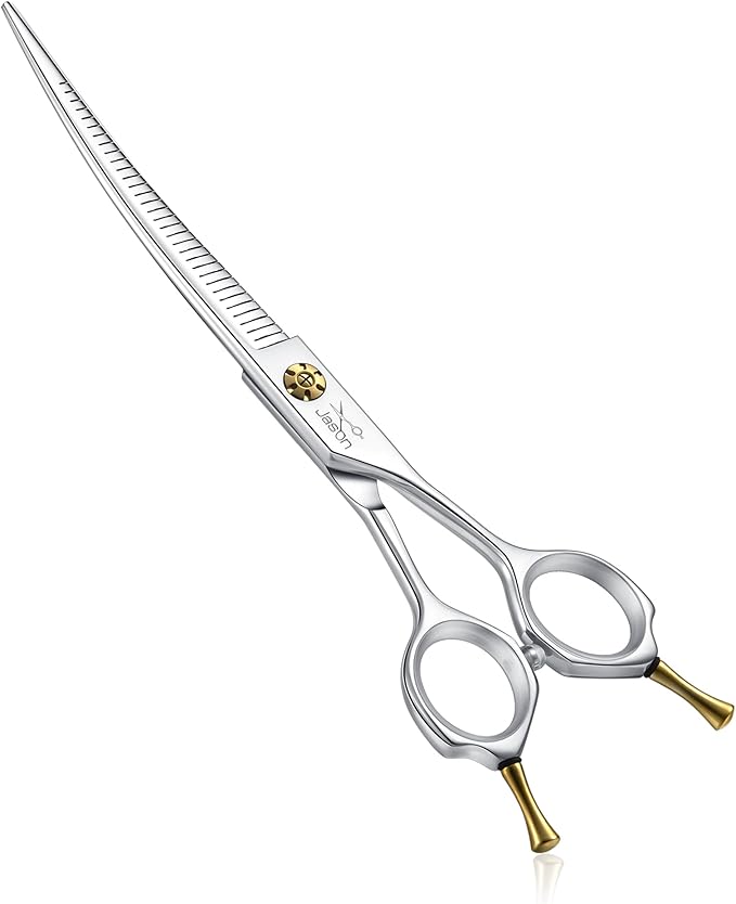 JASON 7" Dog Grooming Scissors - Up-curved Thinning Shears with 25%-30% Thinning Rate, Japanese 440C Stainless Steel Dog Blenders for Grooming with Adjustable Screw (32 Teeth, Silver)