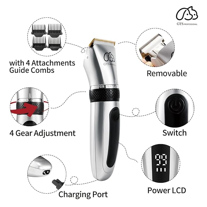 GTS Pet Clippers Professional Dog Grooming kit Adjustable Low Noise High Power Rechargeable Cordless Pet Grooming Tools, Hair Trimmers for Dogs and Cats, Washable（IPX5, with LED Display.