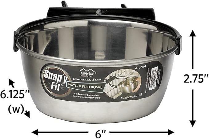 MidWest Homes for Pets Snap'y Fit Stainless Steel Food Bowl/Pet Bowl, 1 qt. for Dogs & Cats