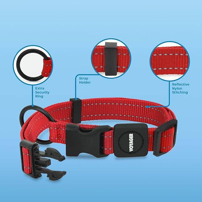 Voyager Reflective Dog Leash Collar Set with Neoprene Handle Supports Small, Medium, and Large Breed Puppies, Cute and Heavy Duty for Walking, Running, and Training - Red, M
