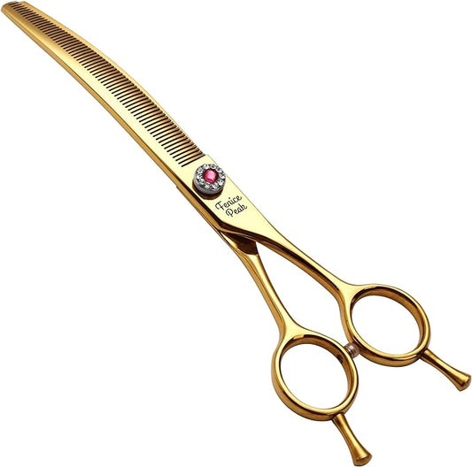 Fenice Peak Professional Dog Grooming Scissors Pet Curved Thinning Shears 7.0'' Extremely Sharp Blades 440C Steel Thinning Scissors Durable Smooth Motion & Fine Cut for Dogs and Cats(Gold)