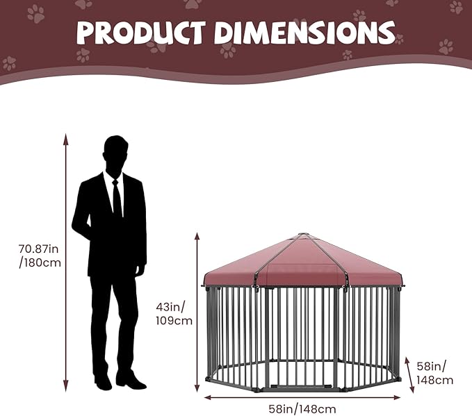 Outdoor Dog Kennel with Roof, Outdoor Dog Playpen with Metal Gate,Portable Easy Setup, Octagon Dog Pen with Lock for Outdoor Backyard (4.9x4.9x3.6FT)