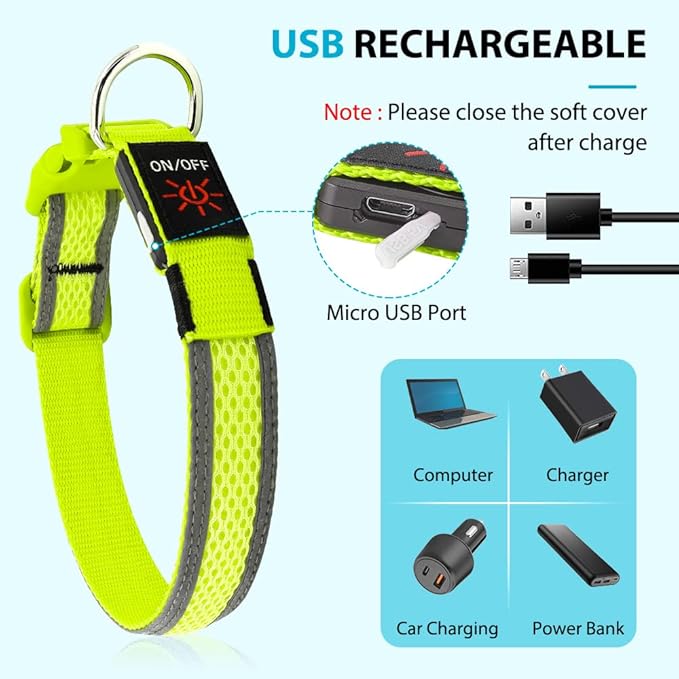 LED Dog Collar Rechargeable - BSEEN Light Up Dog Collar, Glow in The Dark Dog Collar Light, Reflective Dog Collar Safety Dog Lights for Night Walking (Medium, Green Ⅱ)