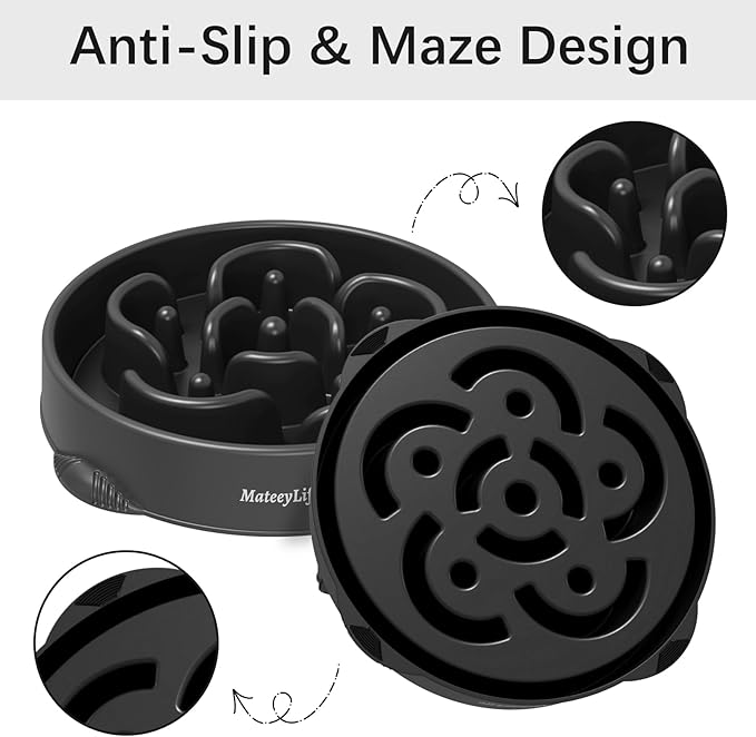 MateeyLife Large Slow Feeder Dog Bowls, Anti-Choking Puzzle Dog Food Bowls, Anti-Slip Interactive Feeding Slow Down Eating, Bloat Stop Maze Dishes for Large Breeds 4 Cups Black