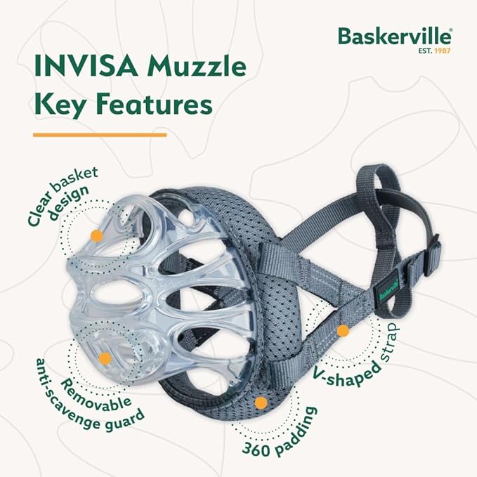 Baskerville INVISA Basket Dog Muzzle - Patented Humane Design with Facial Visibility, Padded Nose Band, Dog can Pant and Drink, Prevents Biting and Scavenging. Muzzle for Small Dogs (Size 2)