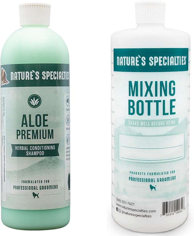 Nature's Specialties Mixing Bottle and Dog Shampoo Concentrate Bundle, Easy to Read Measurements Mixing Bottle 32 oz, Aloe Premium Dog Shampoo Conditioner Concentrate 16 oz