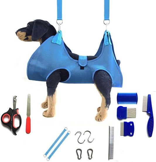 Dog Grooming Hammock with Flea Comb and Dog Nail Clipper, Pet Dog Grooming Hammock Harness with Cat Nail Clipper, Nail File and Dog Brush, Dog Sling for Nail Clipping/Nail Trimming (S, Blue)