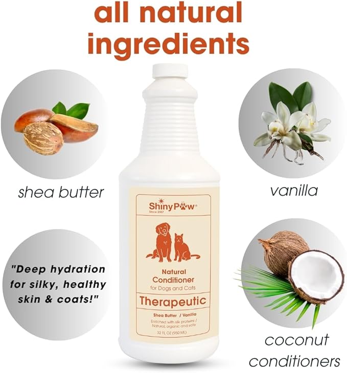 Dog Conditioner for Allergies and Itching | Shiny Paw 32 oz Shea Butter & Vanilla Conditioner for Dogs & Cats | Dog Matted Hair Detangler | Made in The USA